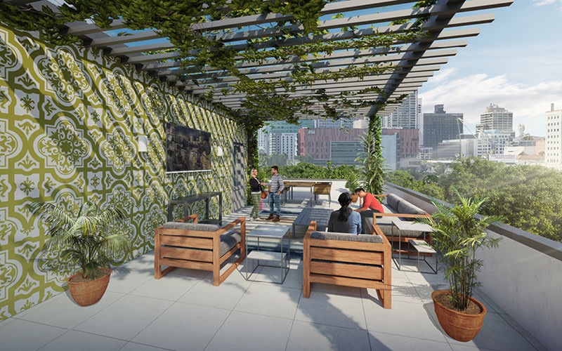 pergola covered rooftop lounge