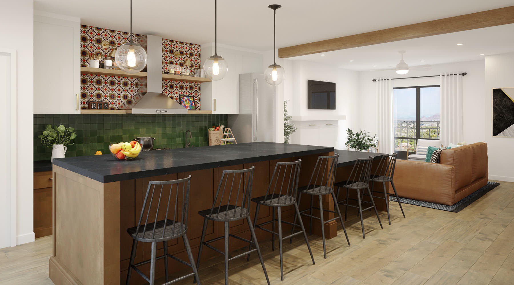 kitchen with a bar and chairs open to living room
